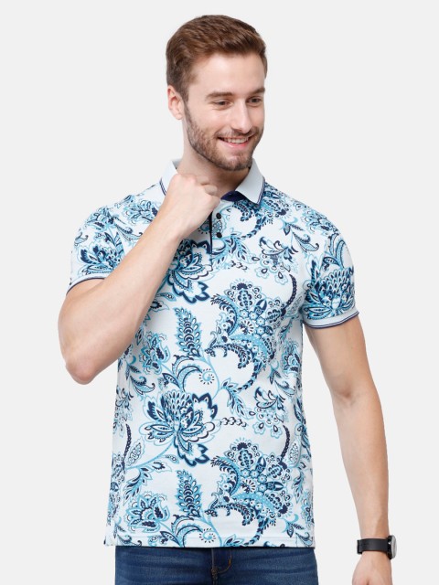 

Swiss Club Men White & Blue Printed Polo Collar Slim Fit T-shirt