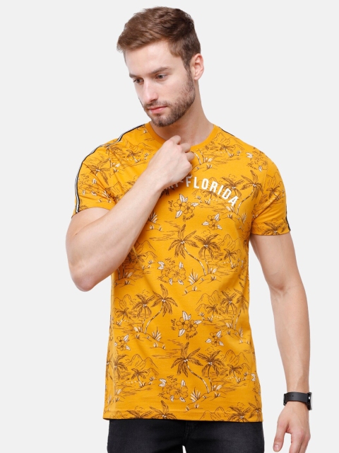 

Swiss Club Men Yellow Tropical Printed Slim Fit Cotton T-shirt