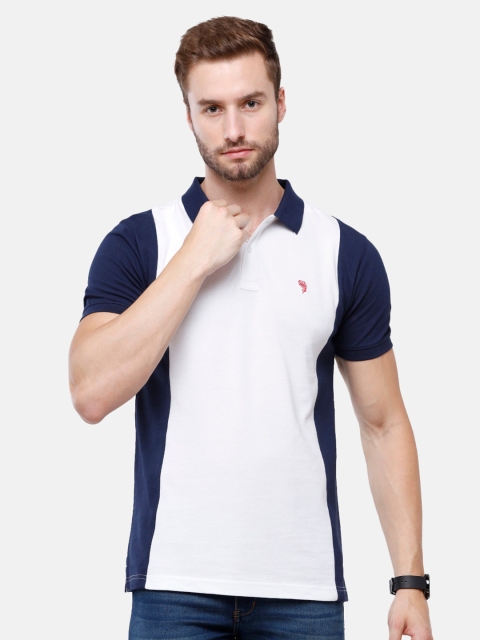 

Swiss Club Men White & Blue Colourblocked Polo Collar Pure Cotton Slim Fit T-shirt