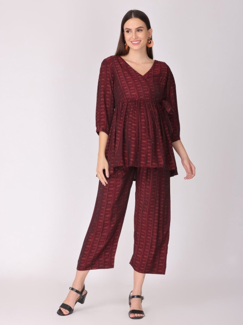 

The Mom Store Women Burgundy Striped Empire Maternity Kurti with Palazzos