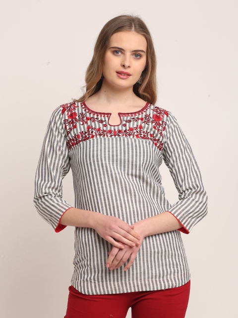 

Lovely Lady Women White & Grey Embroidered Pure Cotton Short Kurti