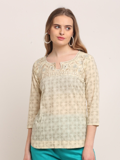 

Lovely Lady Cream-Coloured & Gold-Toned Floral Embroidered Kurti