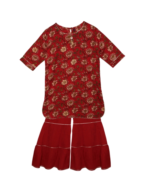 

Ishin Girls Red Ethnic Motifs Printed Pure Cotton Kurta with Sharara