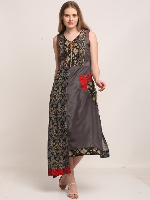 

Lovely Lady Grey & Beige Ethnic Motifs Georgette Ethnic A-Line Midi Dress