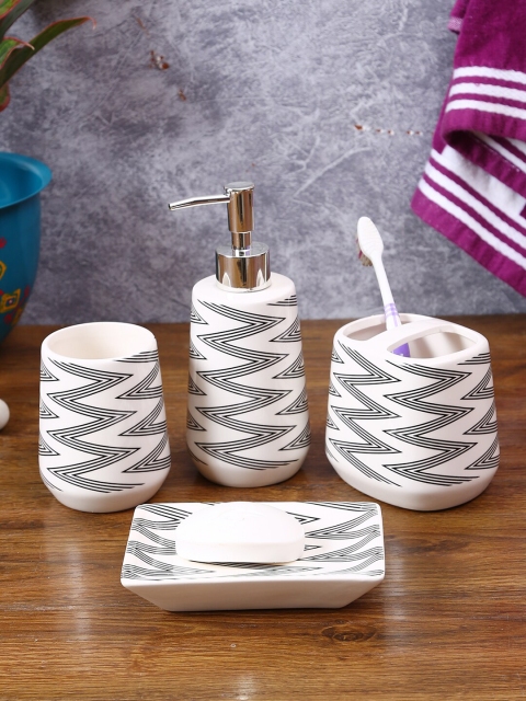 

House Of Accessories 4 Pieces White & Black Printed Ceramic Bathroom Accessories Set