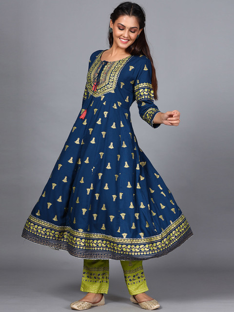 

JAIPURI BUNAAI Women Blue Ethnic Motifs Printed Empire Kurta with Churidar & With Dupatta