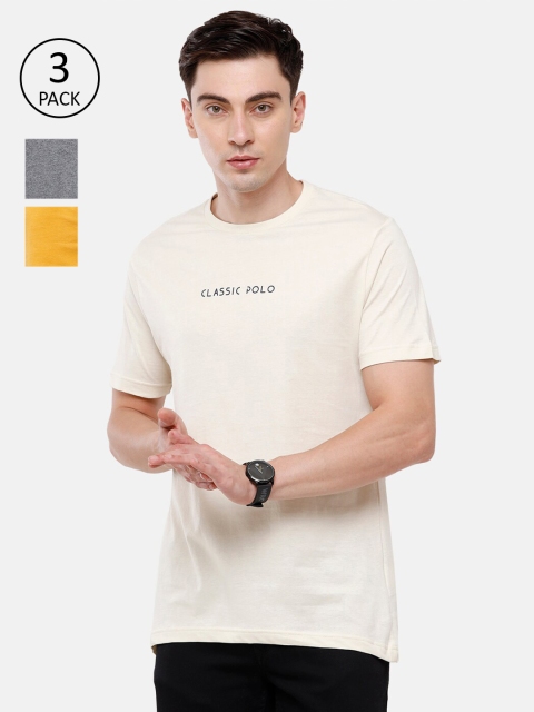 

Classic Polo Men Grey & Yellow Typography Set Of 3 Printed Slim Fit T-shirt