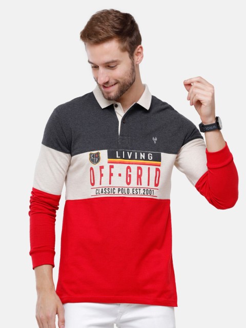 

Classic Polo Men Grey Typography Printed Polo Collar Applique Slim Fit T-shirt