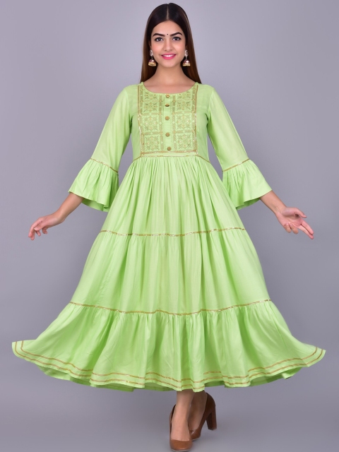 

KALINI Women Lime Green Floral Embroidered Bell Sleeves Thread Work Anarkali Kurta