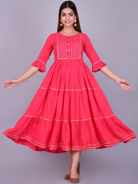 

KALINI Women Pink Floral Embroidered Bell Sleeves Gotta Patti Anarkali Kurta
