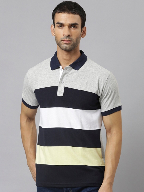 

GHPC Men Grey Melange Striped Polo Collar Slim Fit T-shirt