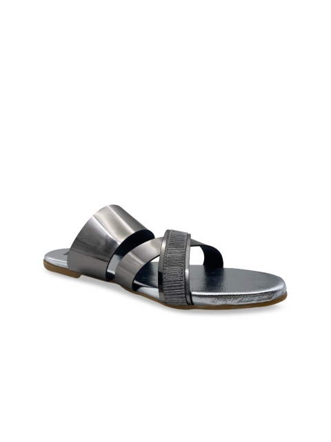 

FEEL FEET Women Silver-Toned Colourblocked Open Toe Flats with Buckles