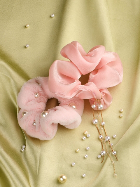 

Lilly & sparkle Women Set of 2 White & Pink Embellished Scrunchies