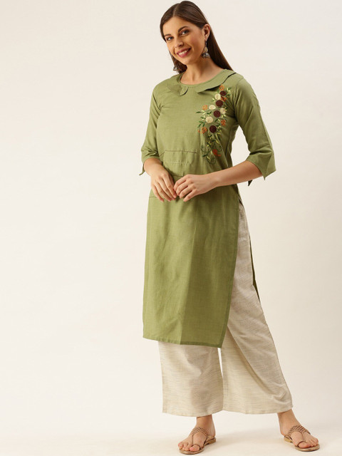 

KALINI Women Green Floral Embroidered Thread Work Kurta with Palazzos