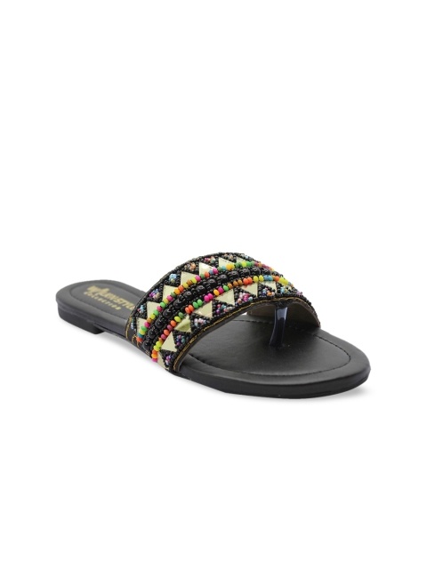 

WALK N STYLE COLLECTION Women Black Embellished Leather Ethnic Open Toe Flats