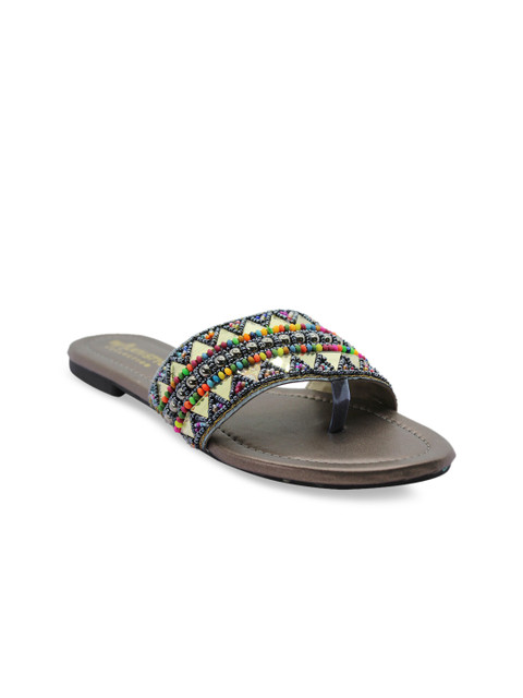 

WALK N STYLE COLLECTION Women Grey Embellished Leather Ethnic Open Toe Flats
