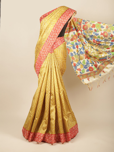 

Pothys Mustard & Pink Floral Printed Jute Silk Saree