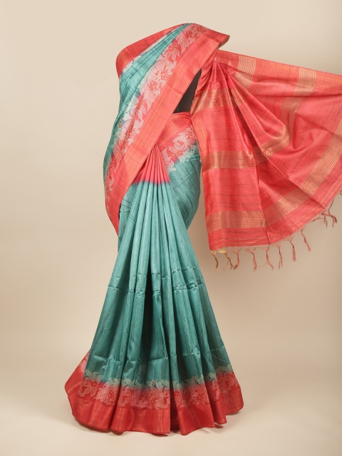

Pothys Green & Pink Floral Jute Silk Saree