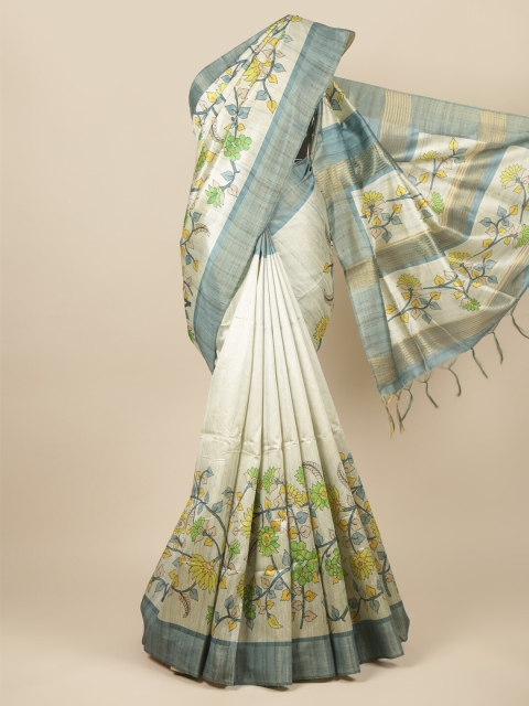 

Pothys Cream-Coloured & Blue Floral Jute Silk Saree