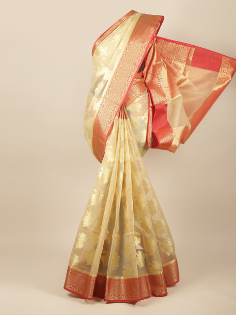 

Pothys Gold-Toned & Red Floral Zari Tissue Saree