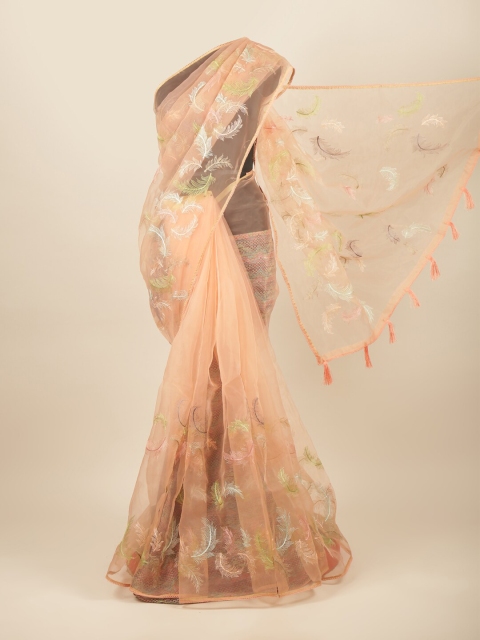 

Pothys Peach-Coloured & White Floral Tissue Saree
