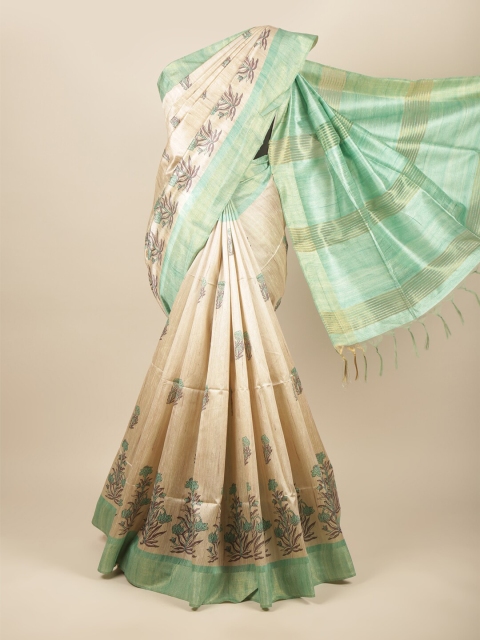 

Pothys Cream-Coloured & Green Floral Printed Zari Jute Silk Saree