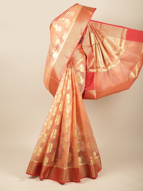 

Pothys Peach-Coloured & Gold-Toned Floral Zari Tissue Saree