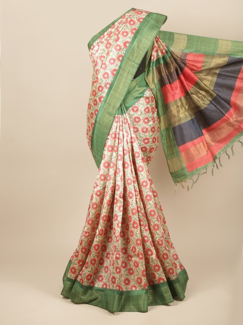 

Pothys Cream-Coloured & Green Floral Jute Silk Saree