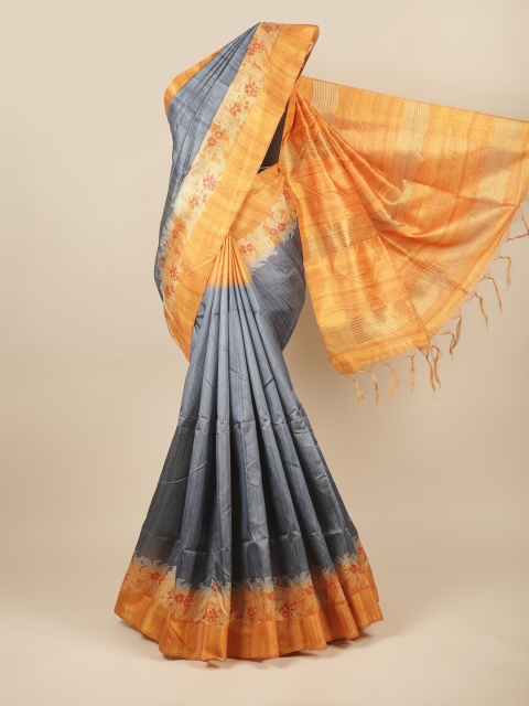 

Pothys Grey & Orange Floral Jute Silk Saree