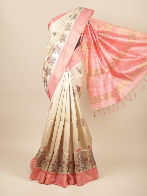 

Pothys Cream-Coloured & Pink Floral Jute Silk Saree