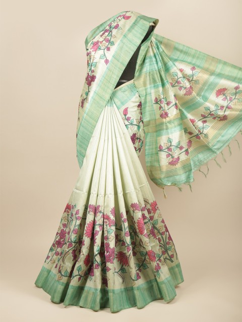 

Pothys Green & Off White Floral Jute Silk Saree