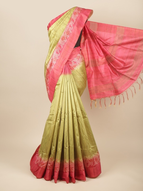 

Pothys Green & Pink Floral Jute Silk Saree