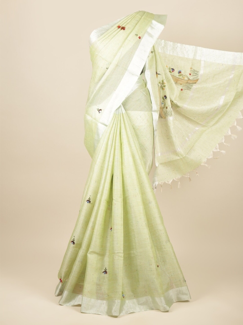 

Pothys Green & Silver-Toned Floral Zari Jute Cotton Saree