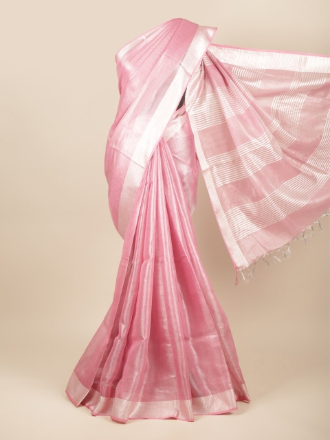 

Pothys Pink & Silver-Toned Zari Linen Blend Saree