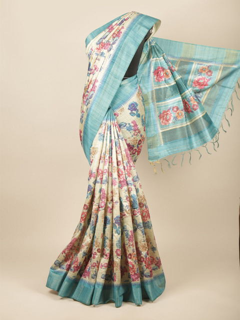 

Pothys Cream-Coloured & Blue Floral Printed Jute Silk Saree