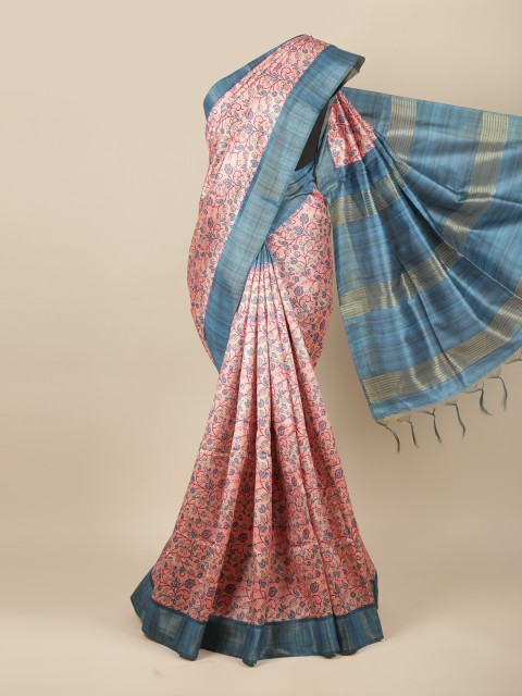 

Pothys Pink & Blue Floral Zari Jute Silk Saree