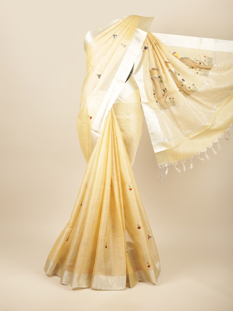 

Pothys Yellow & Silver-Toned Ethnic Motifs Embroidered Jute Cotton Saree