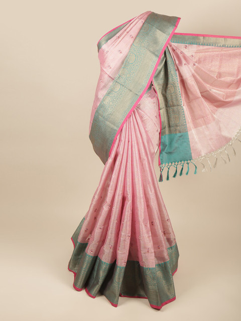 

Pothys Pink & Gold-Toned Floral Zari Tissue Saree