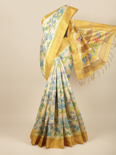 

Pothys Cream-Coloured & Blue Floral Jute Silk Saree