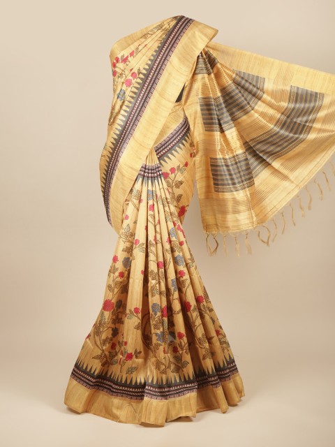 

Pothys Yellow & Brown Floral Jute Silk Saree