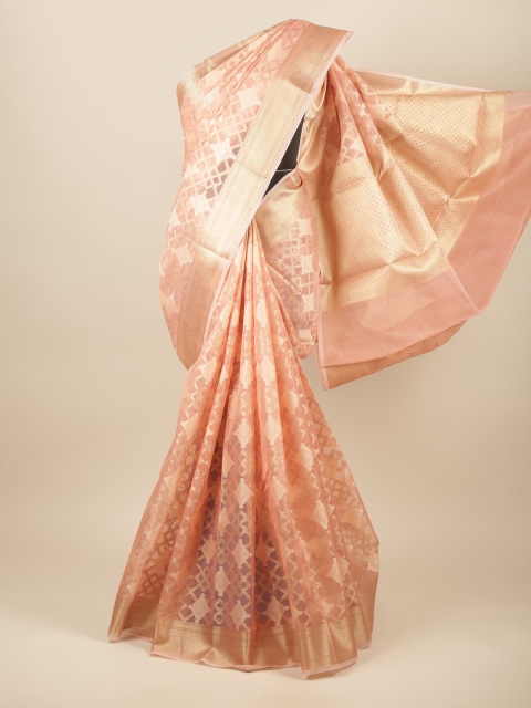 

Pothys Peach-Coloured & Gold-Toned Ethnic Motifs Zari Tissue Saree
