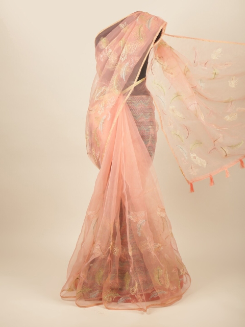 

Pothys Peach-Coloured & Green Ethnic Motifs Embroidered Tissue Saree