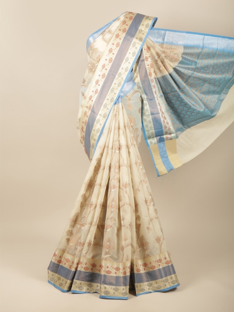 

Pothys Cream-Coloured & Blue Woven Design Pure Cotton Saree