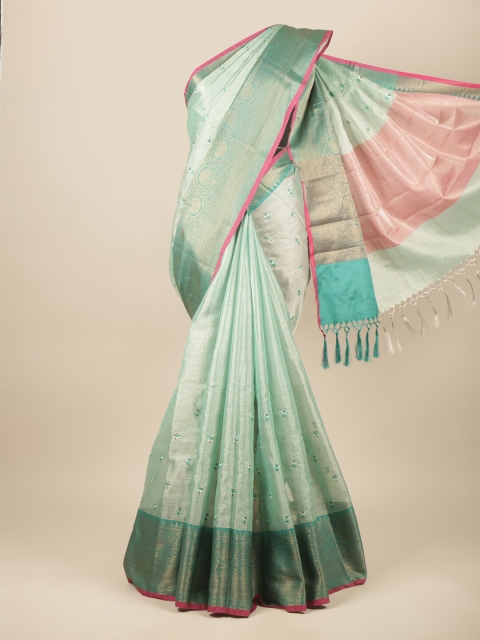 

Pothys Green & Gold-Toned Floral Zari Tissue Saree