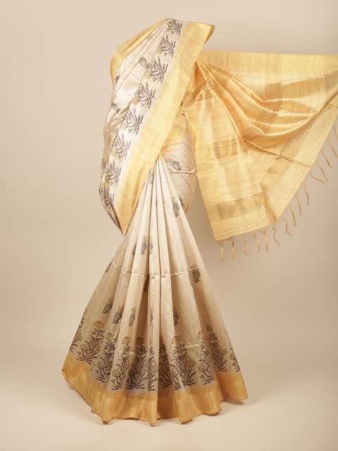 

Pothys Cream-Coloured & Yellow Floral Jute Silk Saree