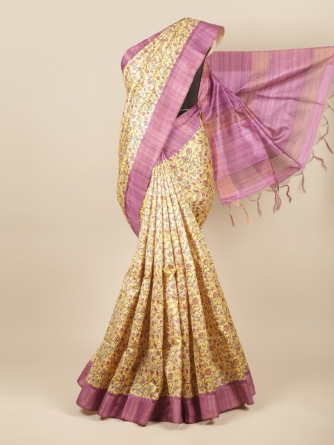 

Pothys Yellow & Purple Floral Jute Silk Saree