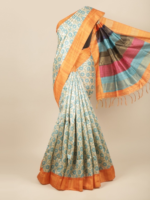 

Pothys Blue & Orange Floral Jute Silk Saree