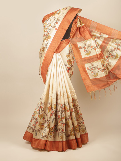 

Pothys Cream-Coloured & Brown Floral Jute Silk Saree