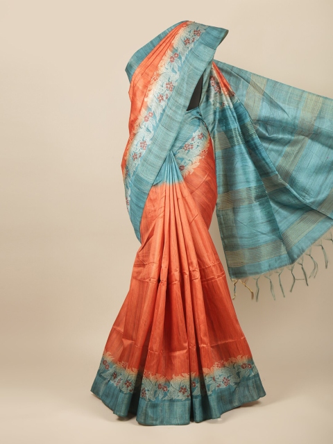 

Pothys Rust & Blue Floral Jute Silk Saree