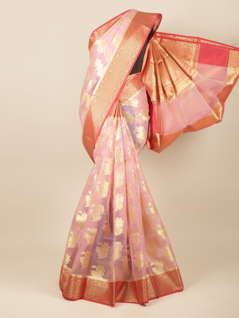 

Pothys Pink & Gold-Toned Floral Zari Tissue Saree